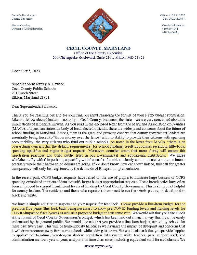 Cecil County Executive Danielle Hornberger letter to Superintendent Lawson